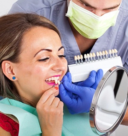 woman trying on veneers in Richmond 